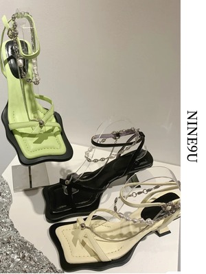 flare-heel cross-strap wave sandal 3color【NINE6298】