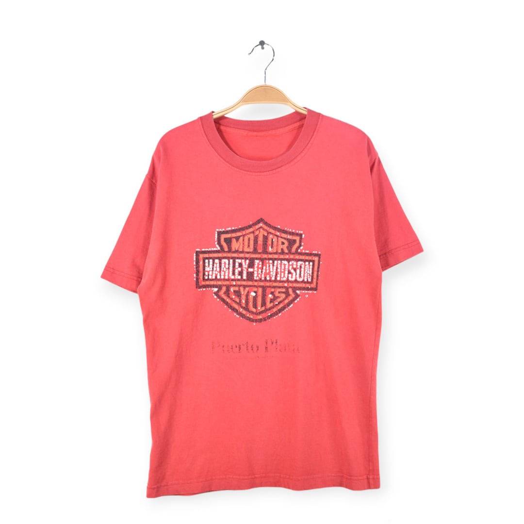 90s 00s ハーレーダビッドソン Tシャツ 雰囲気系 ディーラー物 Tシャツ 企業ロゴ 赤 レッド HARLEY DAVIDSON メンズL相当 古着 @BC0010