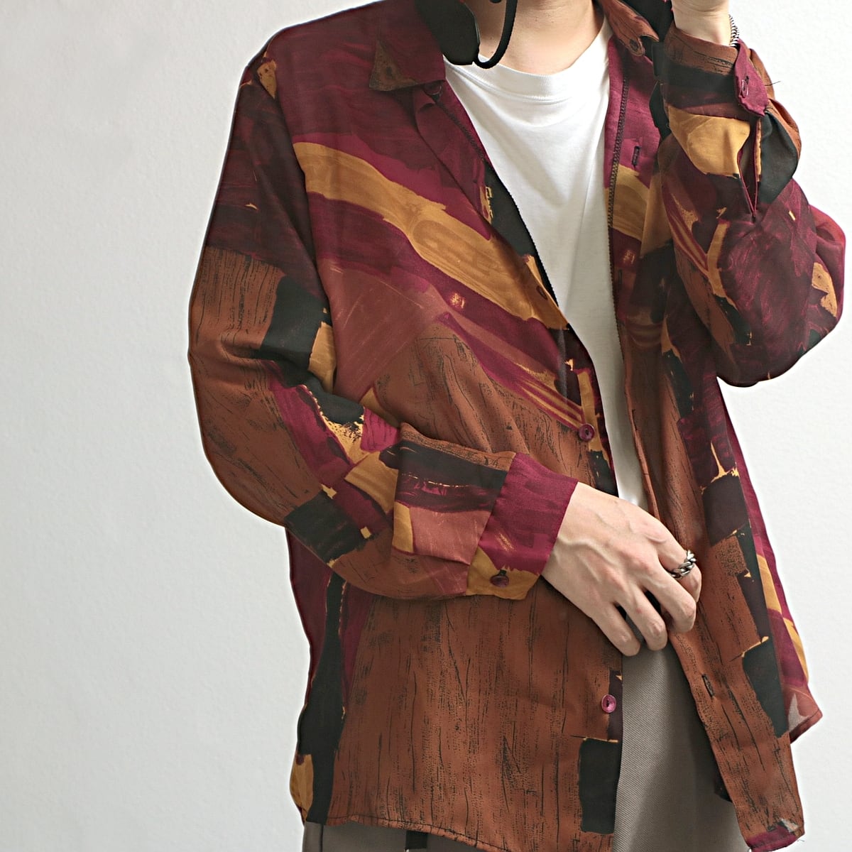 90s CABRAIS 水彩 柄 長袖 シアー シャツ 古着 used