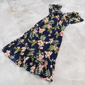 フラダンス 衣装 ワンピース ドレス ネイビー系 KY‘S ハワイ製 ハイビスカス柄 プルメリア柄 花柄 植物柄 ハワイアンプリント アロハ フラ ダンス レッスン 練習 フリル 半袖 紺 華やか 鮮やか かわいい 大人っぽい 上品 グリーン系 レッド系 ホワイト系 緑 赤 白 フリル付き カジュアル おしゃれ