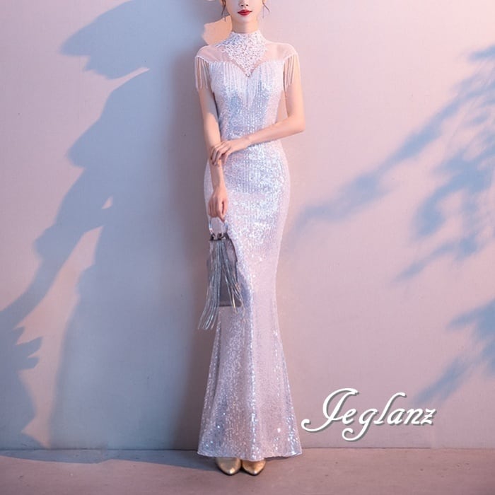 7色 パーティ イブニングドレス フリンジ タッセル 透け感 キラキラ 光沢感(M6054)ζ