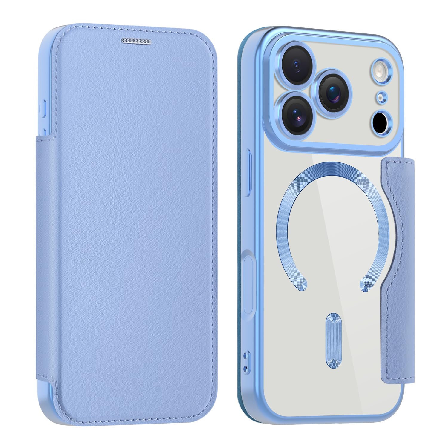 MuZiF iPhone 18 Pro Max 用 ケース 手帳型 クリア 透明 カード収納 Magsafe対応 人気財布型 カバー 軽量 ブルー