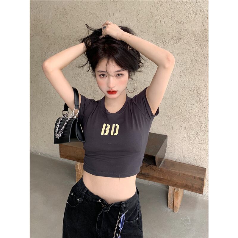 Tシャツ ショートハイウェストウェストトップス サマースタイル 夏物 ヨーロピアン ブラックストロベリース62576160803