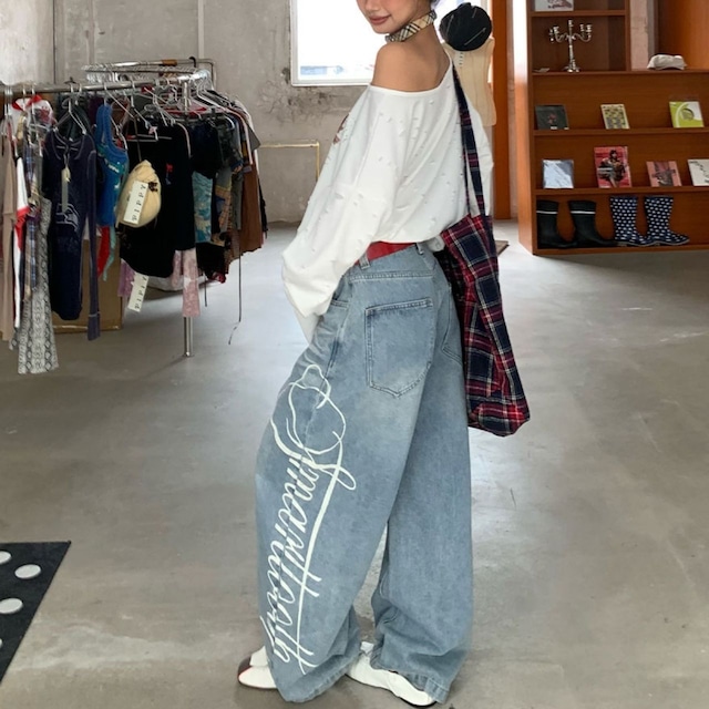 ロゴプリントルーズシルエットデニムパンツ 2col R00799