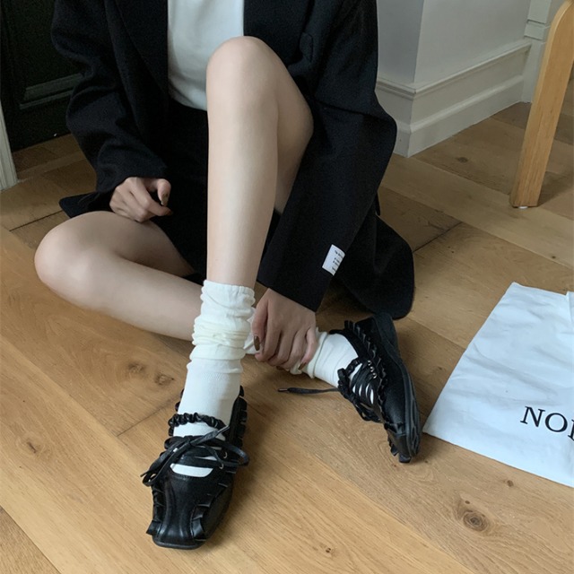 frill design ribbon square toe flat shoes J00046