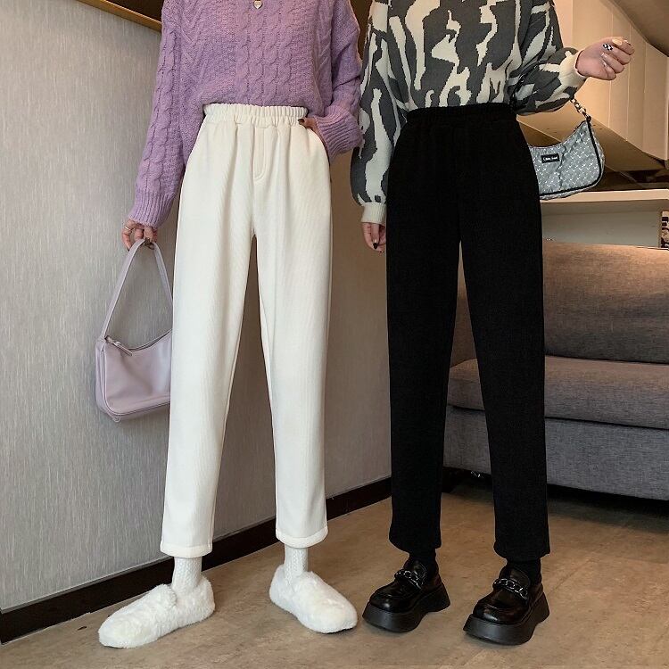 ベルベットカジュアルパンツ レディースオータムウィンタールーズハイウェストウェスト薄手 秋物 冬物 1号婦人61990848413