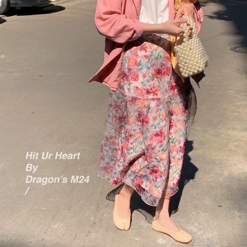 スカート ハイウェスト薄手フローラルスプリング 春物 花柄 ブラックストロベリース28774451253