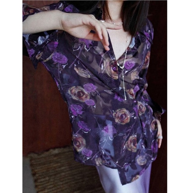 vintage purple floral asymmetric blouse top<t3196>