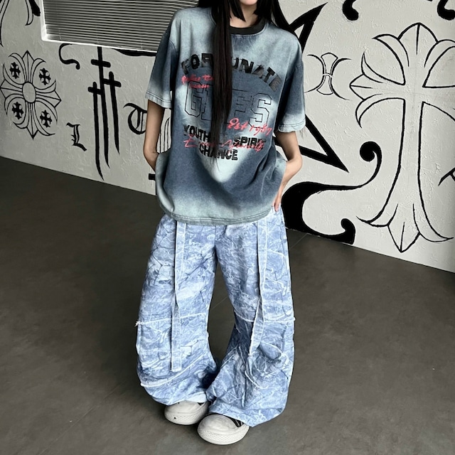 グラデーションウォッシュレタープリントデニムTシャツ 1col R02535