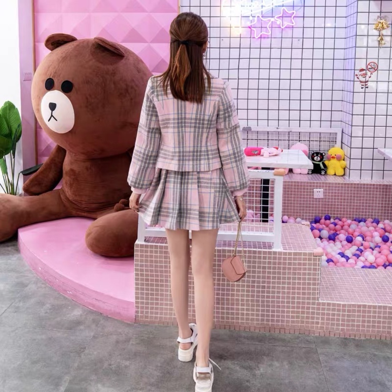 セットアップ】ピンク チェック スーツ スカート ジャケット 可愛い 