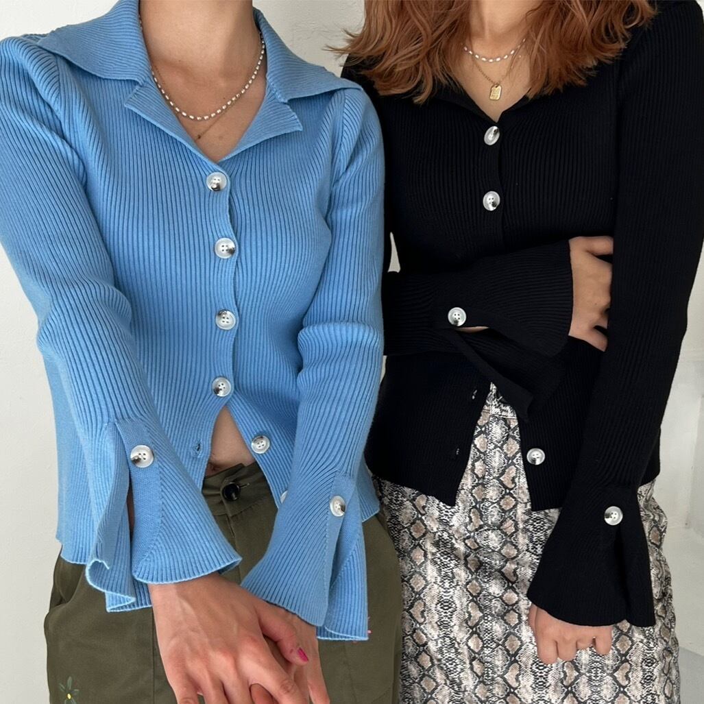 ポロ衿細リブニットボタンカーディガン_LN02360