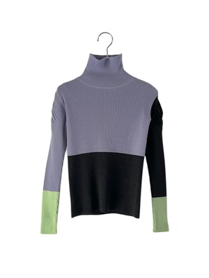 MULTI COLOR SWELL SHOULDER HIGH-NECK KNIT col.PURPLE-CHARCOAL-LIME / F1