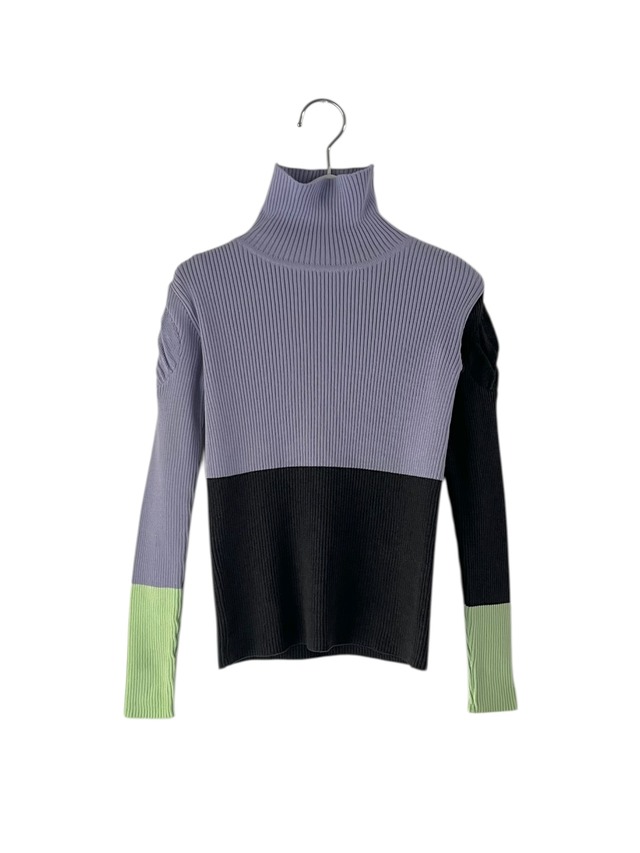 MULTI COLOR SWELL SHOULDER HIGH-NECK KNIT col.PURPLE-CHARCOAL-LIME / F1