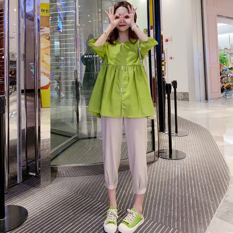 【新作】【送料無料】 マタニティウェア2020夏の新しい綿とリネンのVネックルーズトップ+ベリーリフトと足首までの長さのパンツマタニティスーツ-アリババ コットン サマー 夏物 expec224857108391