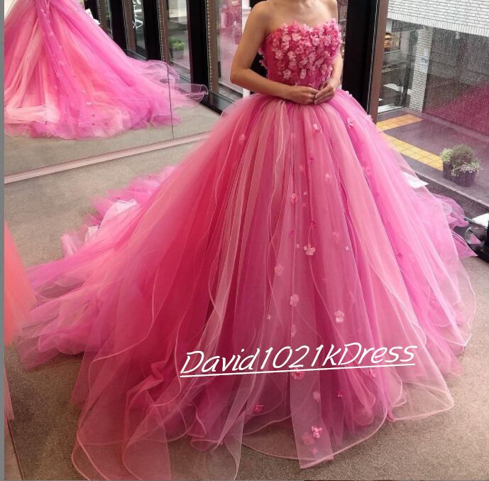 高品質！ ピンク カラードレス ベアトップ 花びら付き 挙式 披露宴  