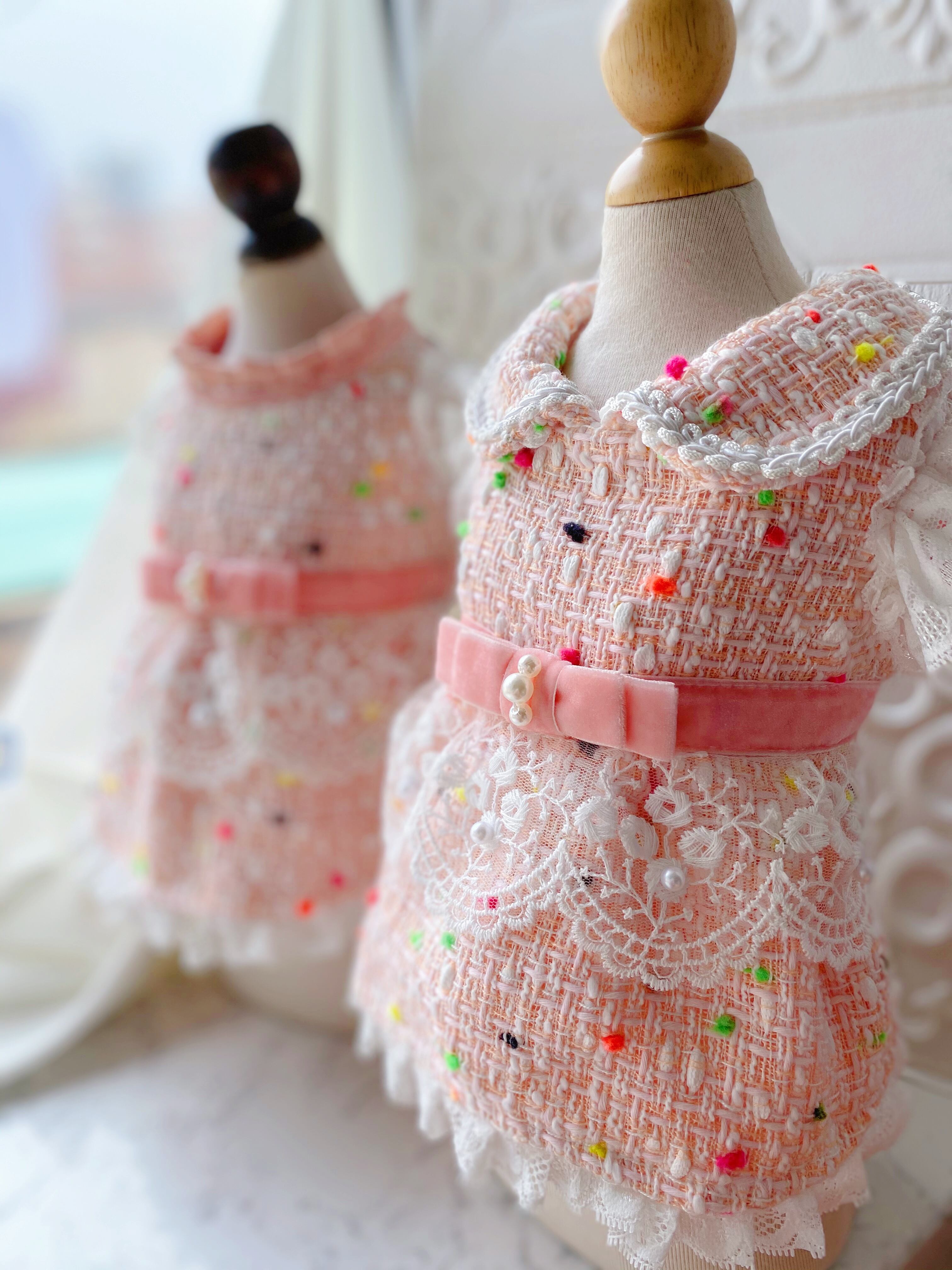 腰リボンベルト レースのピンクツイードワンピース プチプラでも可愛い愛犬のお洋服通販 Sunnysevenpet 腰リボンベルト レースのピンクツイードワンピース プチプラでも可愛い愛犬のお洋服通販 Sunnysevenpet