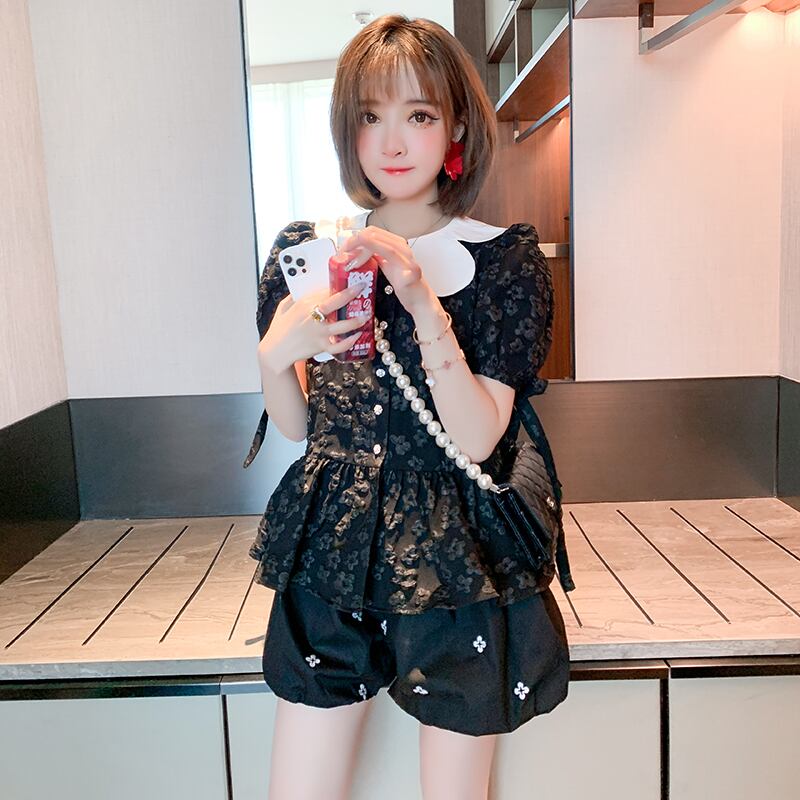 カラーレースジャカードスリーブトップス ステッチ MIUCO21576599814