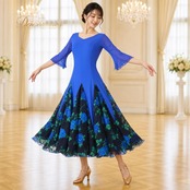 社交ダンス 衣装 U:NA ユーナ ドレス ワンピース ブルー系 花 花柄 青 黒 緑 鮮やか 華やか かわいい 上品 ダンス衣装 イベント ステージ パーティー おしゃれ 袖 レディース 練習 レッスン 紐 りぼん 編み上げ ブラック系 グリーン系