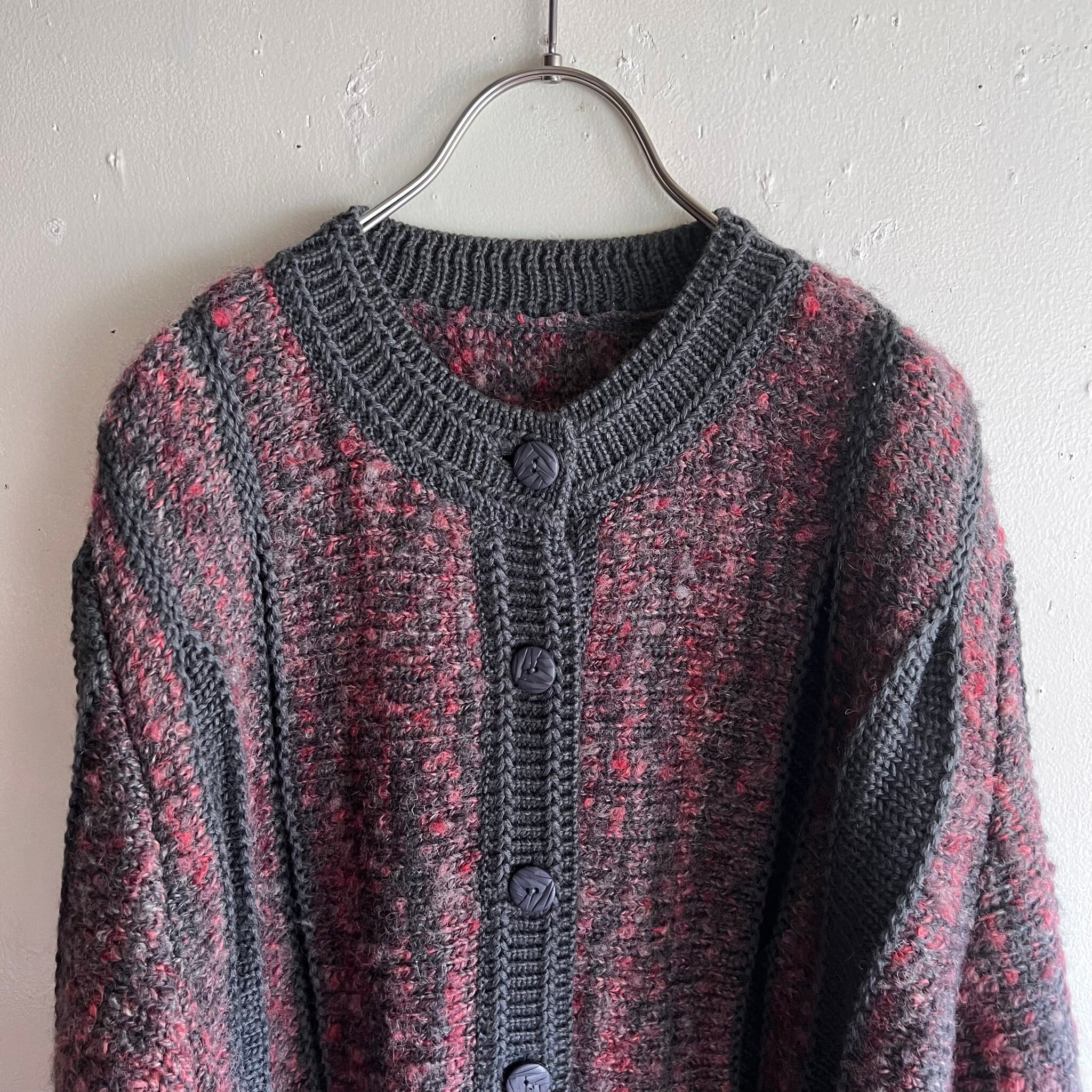 vintage knit cardigan / グレーとローズカラーのデザインニットカーディガン