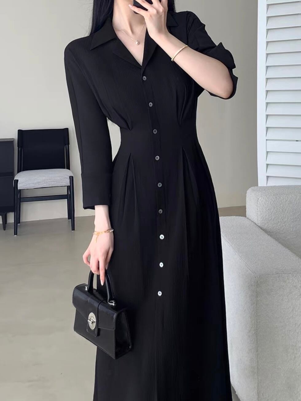 single breasted waist tuck long dress.3182