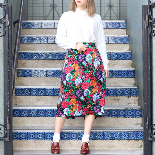 USA VINTAGE SILK100% FLOWER PATTERNED SKIRT MADE IN KOREA/アメリカ古着シルク100%花柄スカート