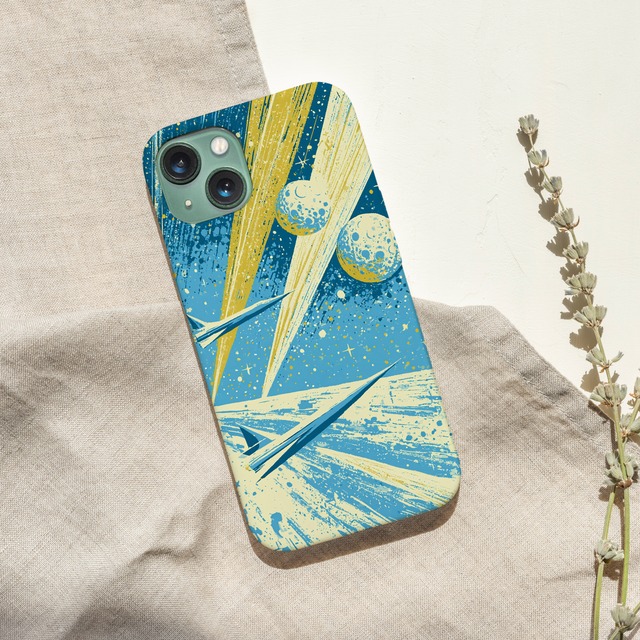 受注生産 iPhoneケース 流星と月のブルー宇宙｜レトロ宇宙 RFSP056A