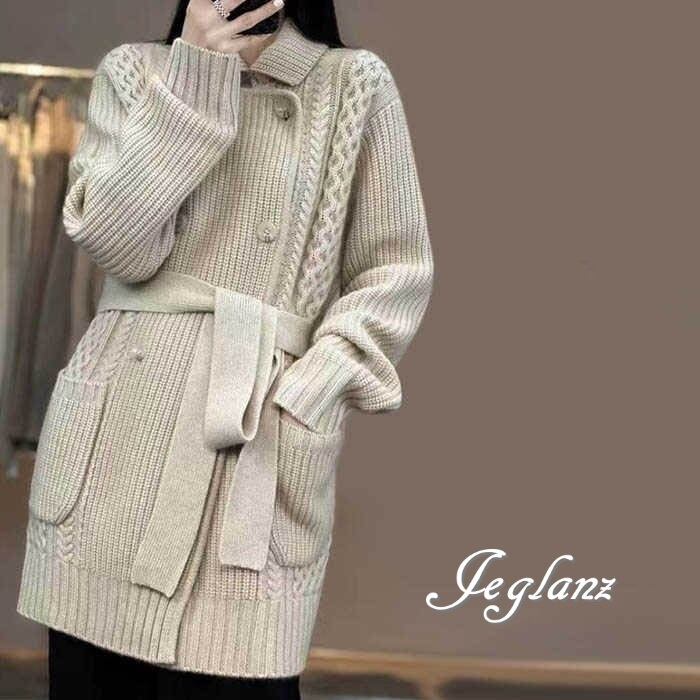ニット カーディガン コート 襟付き 2way ポケット 共ベルト ♪(MA770)τ