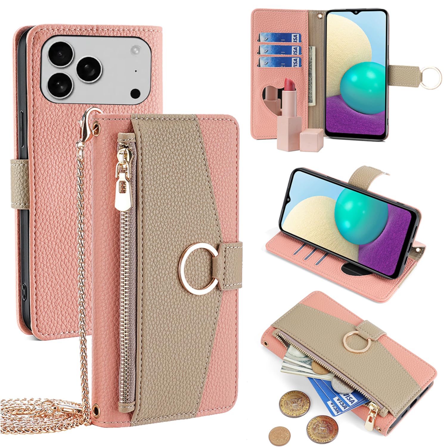 For iPhone 18 Pro/iPhone 17 Pro ケース 手帳型 ショルダー For iPhone 18プロ 財布型 カバー 肩掛け 斜めがけ 化粧鏡付き 女性 おしゃれ ロングストラップ ジッパー小銭入れ カード収納 横置き 上質な手触り 耐汚れ気質 肌感レザー 防指紋 耐久性 贈り物 COCOCLOUD ピンク