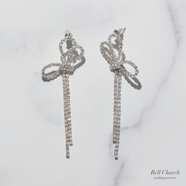 ウエディングピアス　イヤリング｜ジルコニア｜リボン　蝶結び　モチーフ｜シルバー(BC-E113)