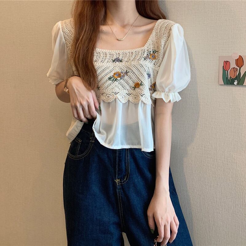 サマースタイルスタンダードカラー半袖スリーブニットシフォンシャツ トップス レディース ショート レトロ ハーフスリーブ 夏物 スクウェア ステッチ ハンチェンe80740502349