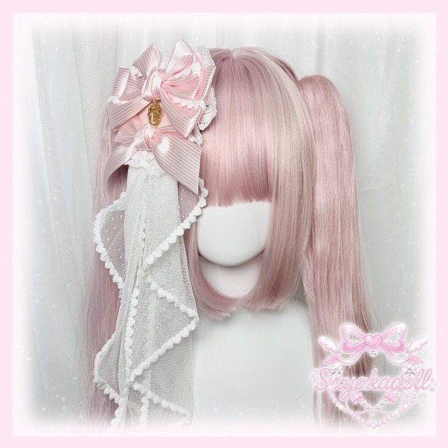 ♡【全3色】MAID ヴェール付き ストライプサテンリボンヘアクリップ pink ♡