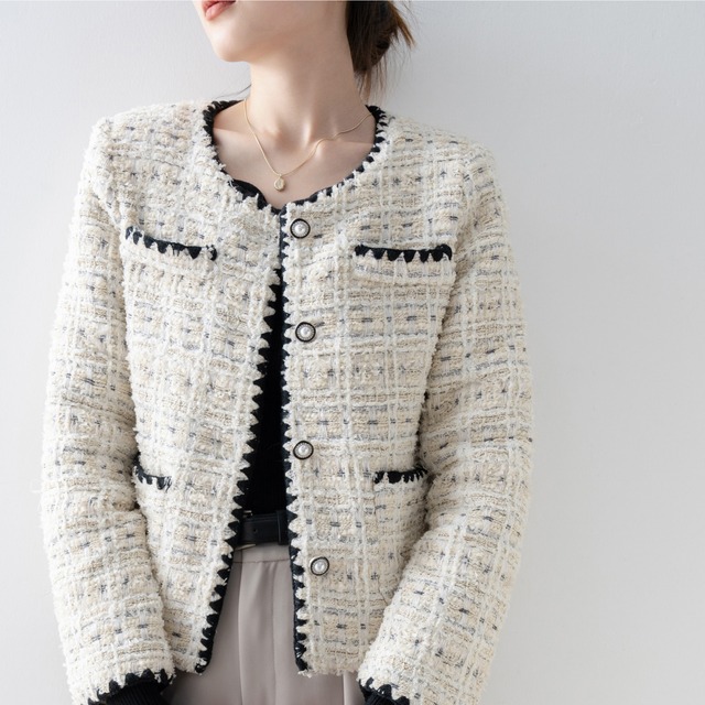 ツイード ショート ノーカラー ジャケット