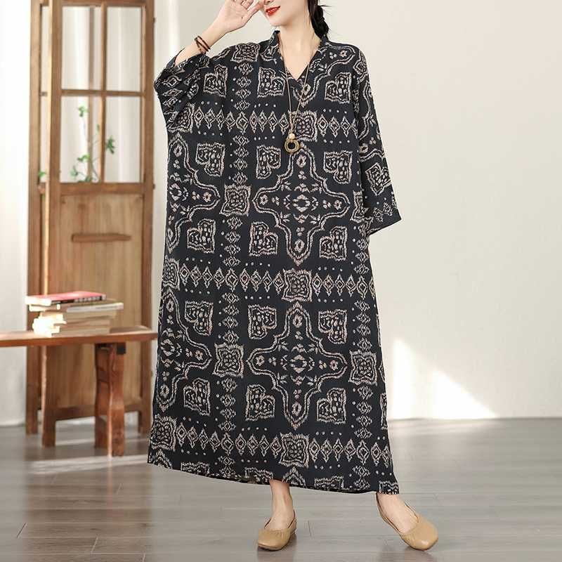 BLACK ETHNIC PRINT V-NECK MAXI PULLOVER DRESS 1color M-16031