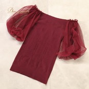 バレエ 衣装 Chacott チャコット トップス ノーソーイングニット カットソー レッスンウェア レッド系 赤 ワインレッド チュール袖 透け感 シースルー ふんわり 華やか 鮮やか かわいい おしゃれ 上品 大人っぽい 社交ダンス 高級感 ニット バレエ衣装 ダンス 練習 練習着 レッスン