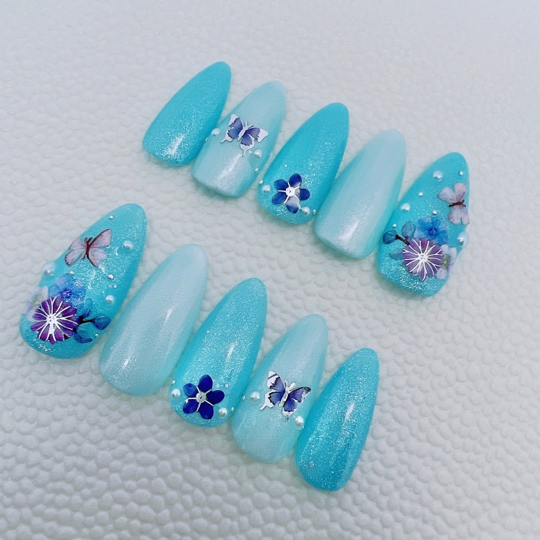 ネイルネイルチップ♡くすみブルーフレンチガーリー量産型推し青水色