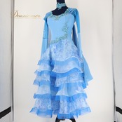 【社交ダンス衣装】ブルー leirena レイリーナ ワンピース ドレス フリル 水色 フロート 花柄 上品 綺麗 かわいい 青 長袖