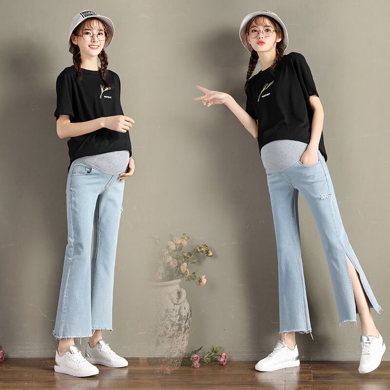 【新作】【送料無料】 マタニティワイドレッグデニムパンツ2020サマーサイドスプリットフレアコットンパンツストレッチウエスト妊婦ベリージーンズ 夏物 AL expec331743861402