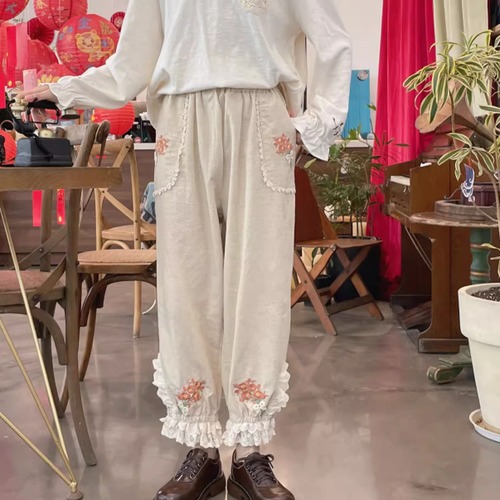 2色／レトロフラワー刺繍リネンパンツ ・8534