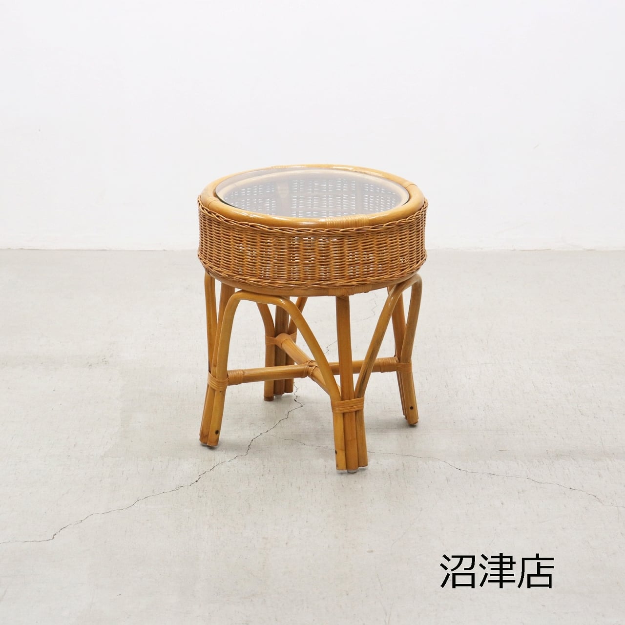 沼津店】レトロ ラタン 籐 ガラス サイドテーブル ラウンド 円型 花台