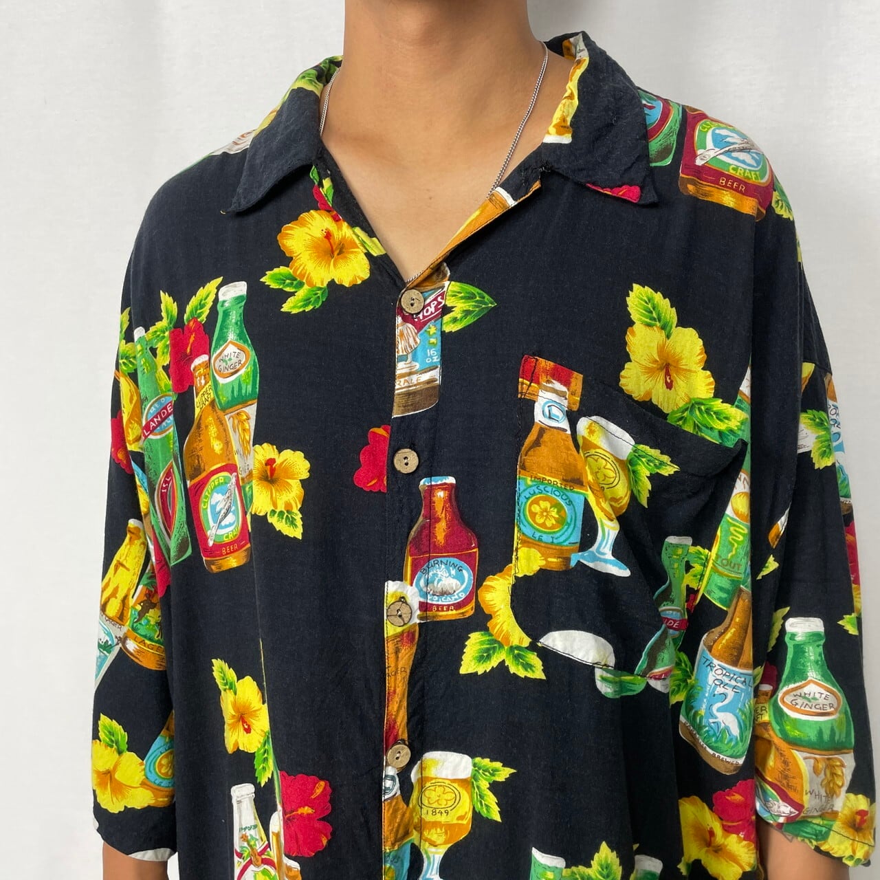 スーパービッグサイズ K.A.D CLOTHING CO. ビール ハイビスカス柄 レーヨン アロハシャツ メンズ3XL 古着 花柄 お酒 総柄 ブラック 黒色【半袖シャツ】【PS0707】【FSS2308-50b】 | cave 古着屋【公式】古着通販サイト