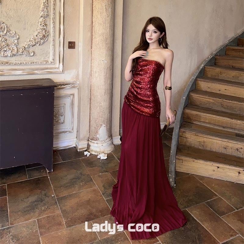キラキラ 煌めき ベアワンピース ロング丈 ワイン赤 高級感 ナイトドレス 披露宴 二次会 ステージ衣装 MJ2-XBN5-109-81700750