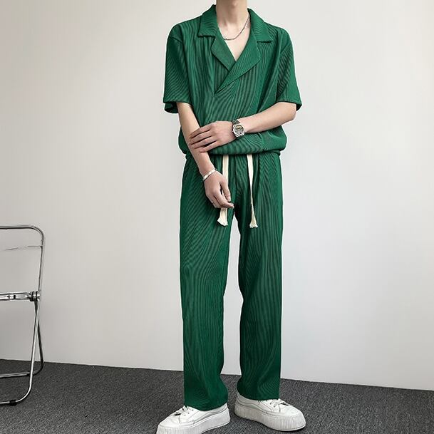 【予約販売】メンズ セットアップ 上下 半袖 ストレート パンツ ストリート 半袖シャツ ブラック ホワイト グリーン 部屋着 韓国 ジム スポーツウエア カジュアル 春 夏 大きいサイズ M/L/XL/2XL/3XL