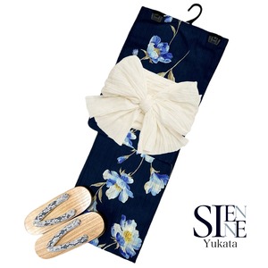 浴衣ジェンヌ 浴衣3点セット 紺地 水彩画調 兵児帯 ゆかた 浴衣セット