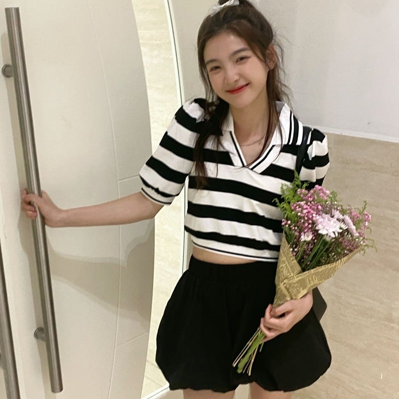 VネックスリムショートTシャツ サマールーズストライプトップス 夏物 モンロー50971836385