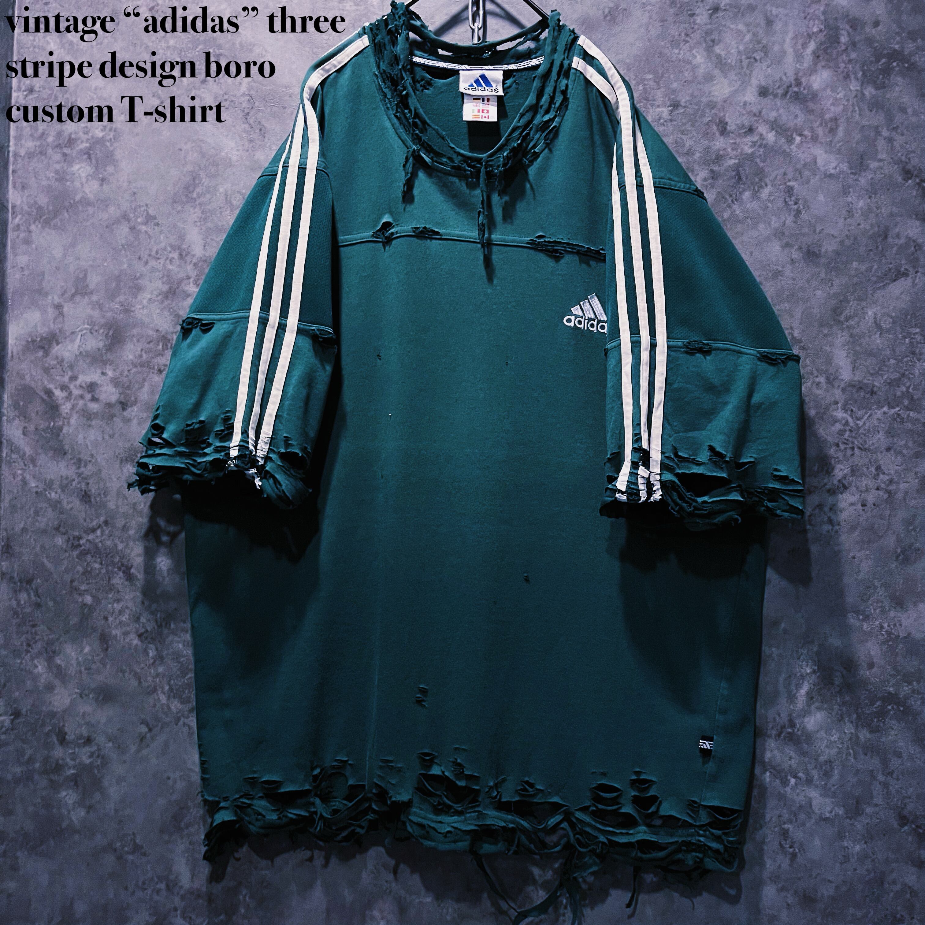 【doppio】vintage “adidas” three stripe design boro custom T-shirt