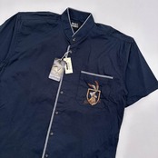 新品未使用 タグ付き!!◆ROCKY RABBIT ロッキーラビット ストレッチ キャラ刺繍 バンドカラー 半袖シャツ M/ネイビー系 メンズ ゴルフ