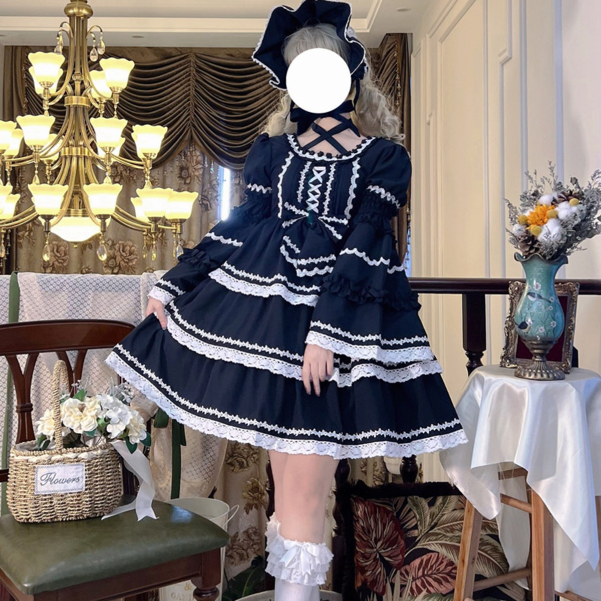 ワンピース 付け袖 フリル レース ゴスロリ 姫袖 継袖 病みかわいい 