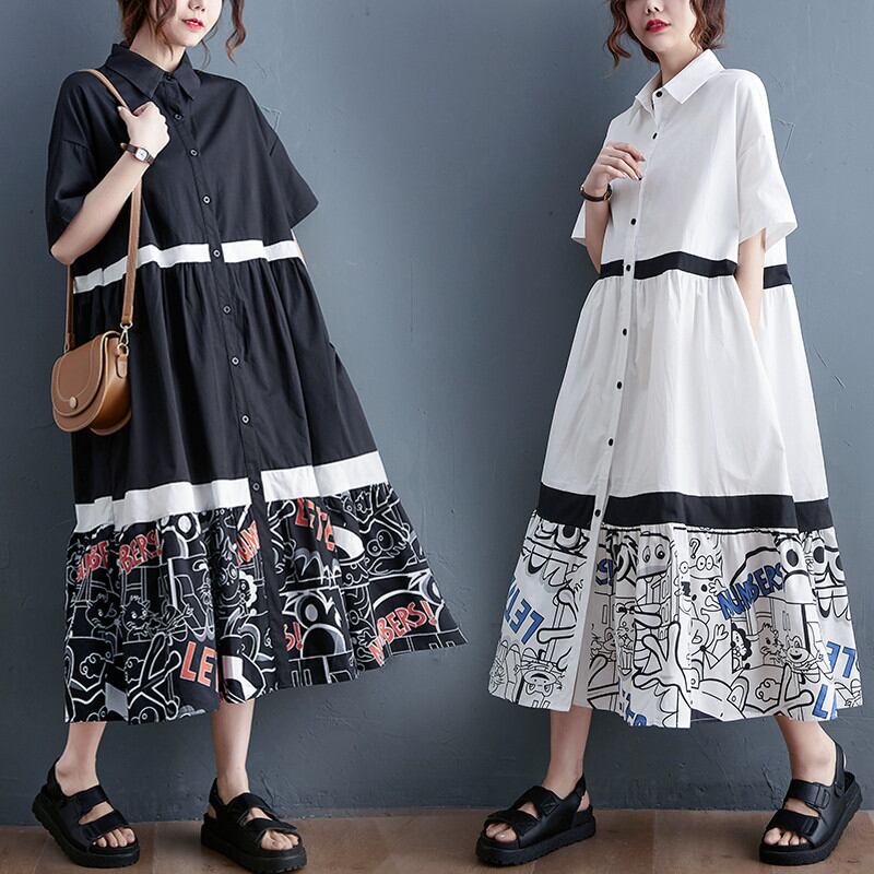 初回送料無料プラスサイズのルーズロングドレス半袖シャツ