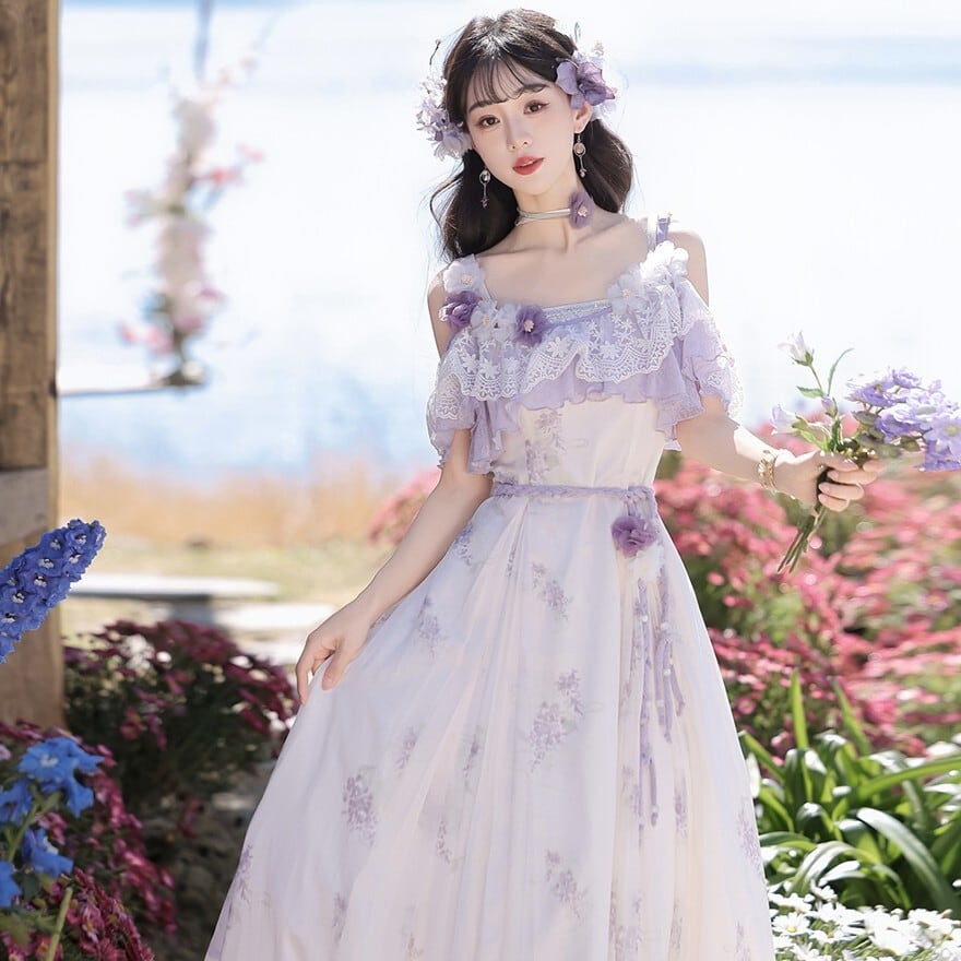 ロリータ ラベンダー花柄ケープ付きJSK お茶会向けワンピース