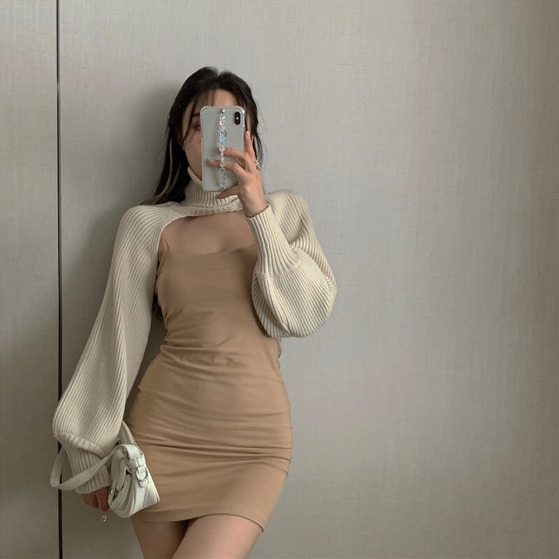 長袖ショールアプリコットタートルネックセーターレディース秋新作プルオーバーコートルーズウルトラショートトップ ブラックストロベリース22452002655